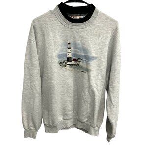 Vintage Top Stitch Lighthouse Embroidered Sweatshirt Gray Pullover Sz L